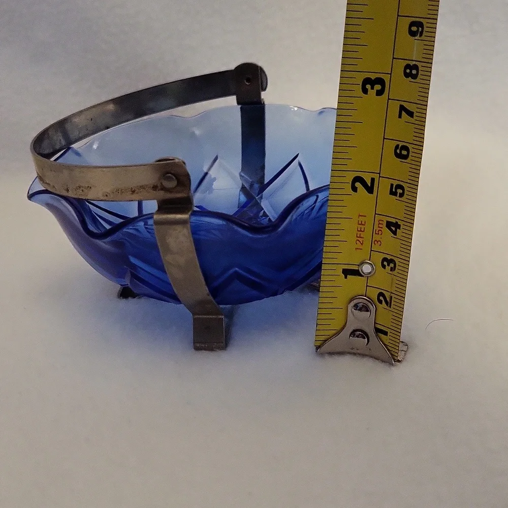 Vintage Cobalt Blue Glass Bowl with Metal Handle